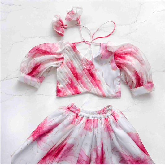Floral Pink White Organza Lehenga