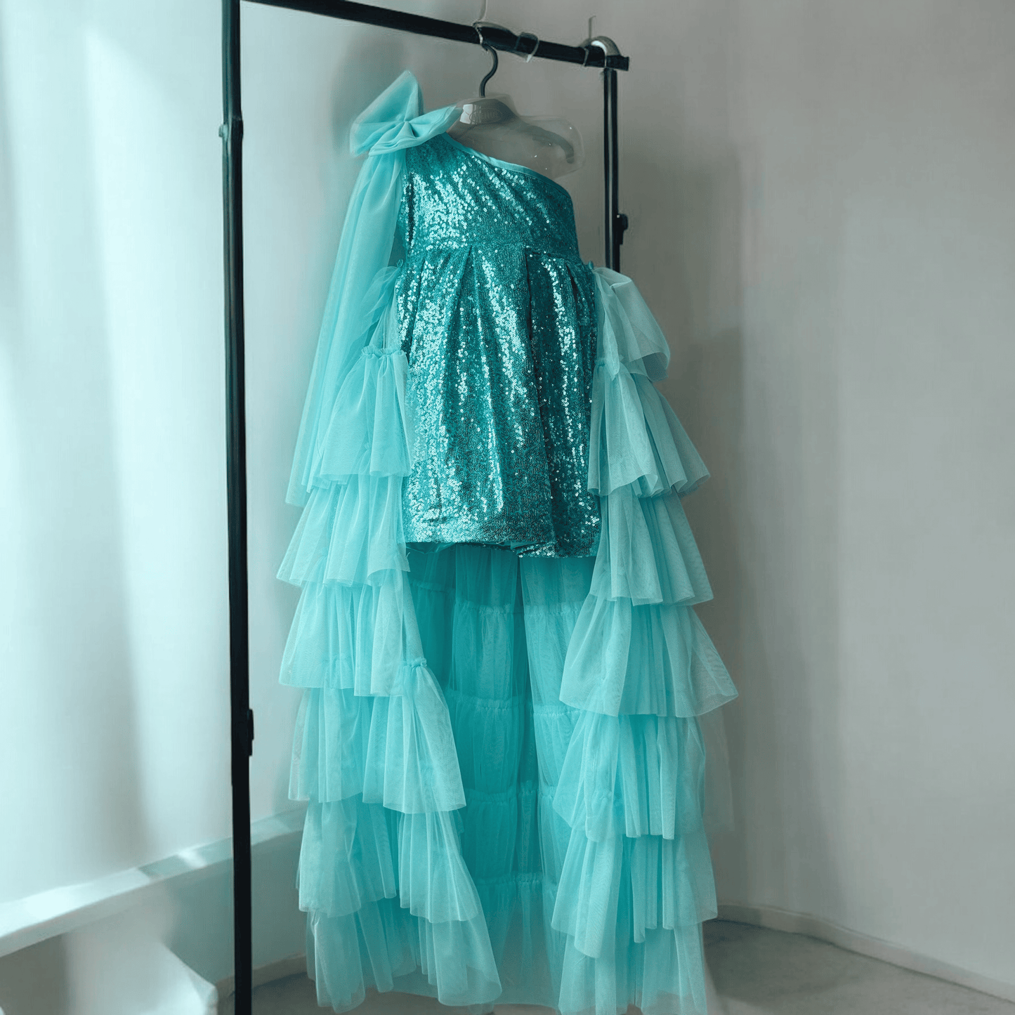 Sequence dress with detachable trail