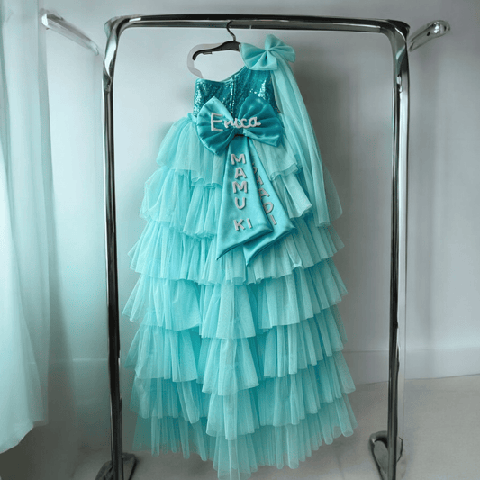 Sequence dress with detachable trail