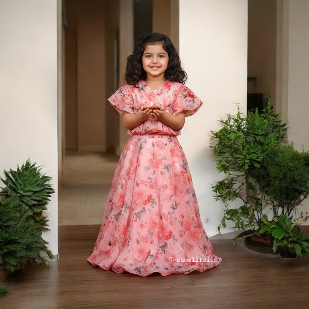 Peach Floral Organza Lehenga