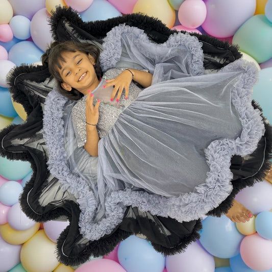 Grey And Black Sequence Double Layerd Frill Dress