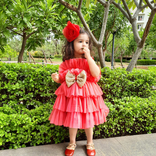 Rosy Frill Dress With Sequence Bow