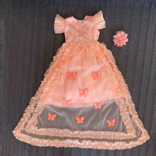 Peach Big Pearl Bow Dress With Detachable Butterfly Trail