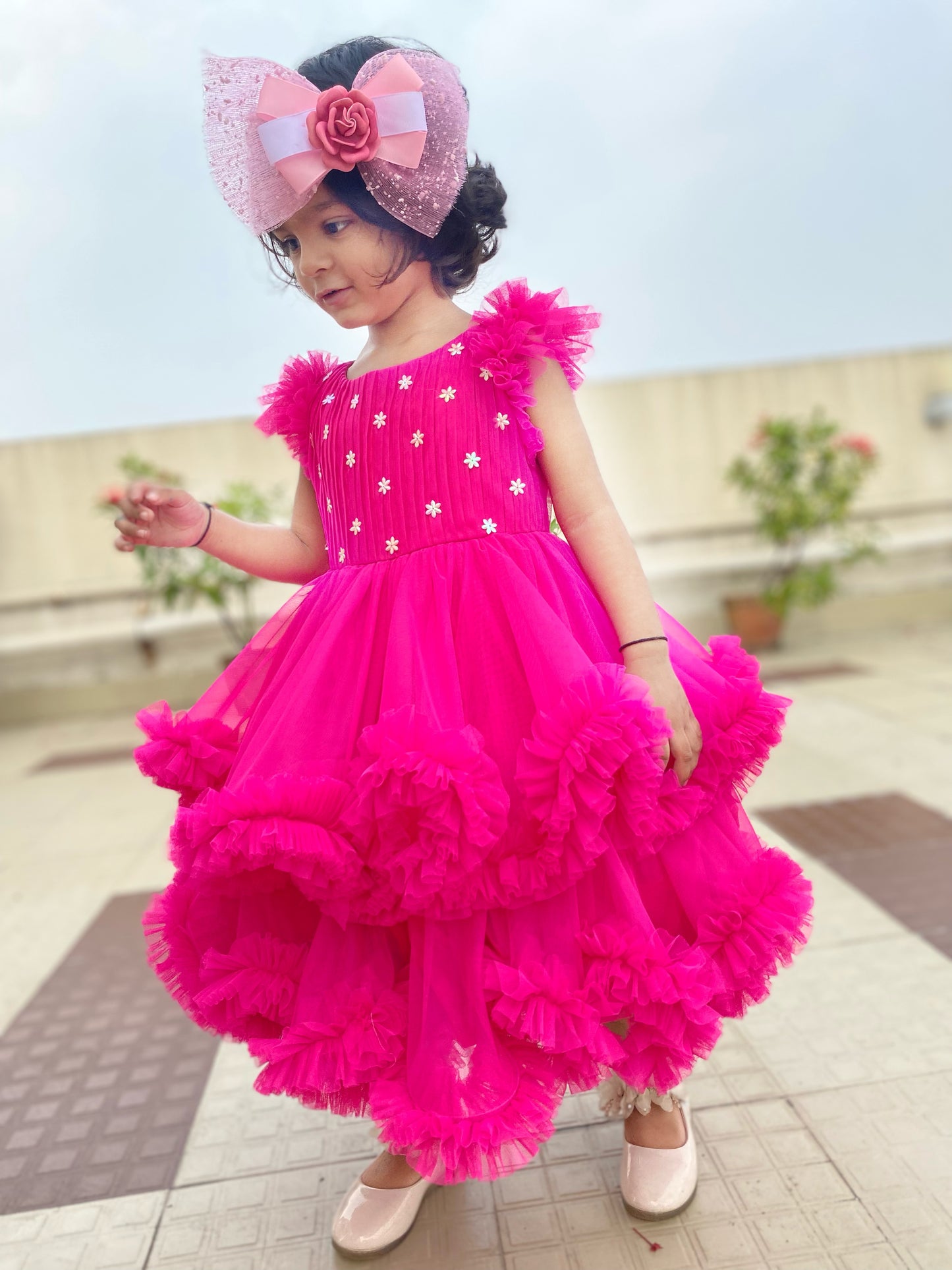 Pleated Pink Double Layered Frill Dress