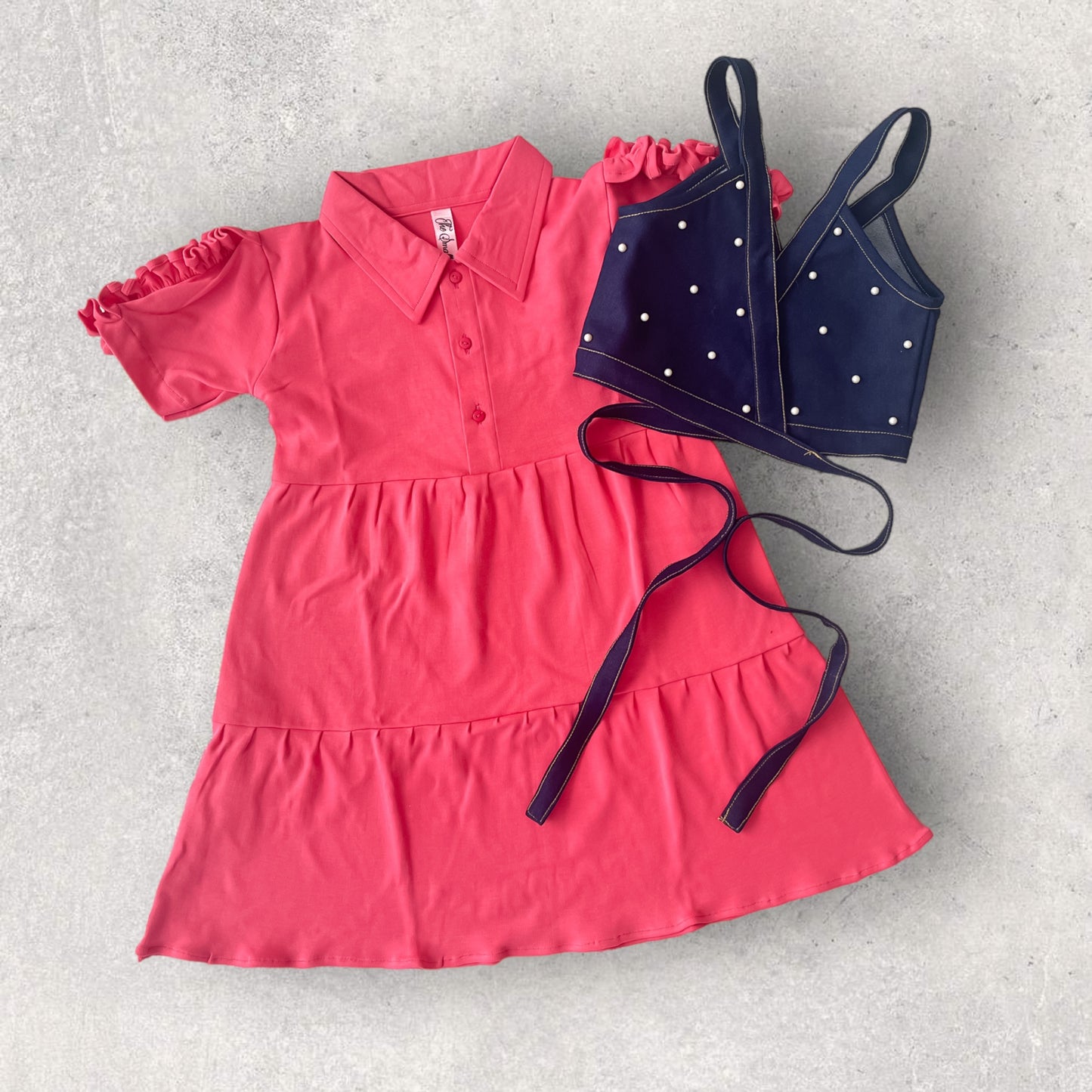 Coral dress with denim wrap jacket