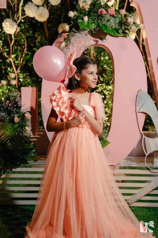 Peach Long Flared Fuffle Gown