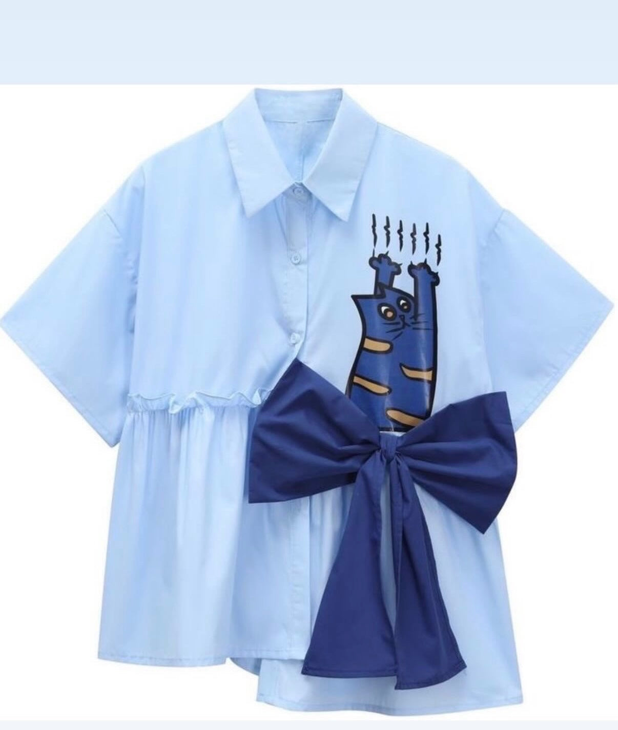 Blue Cat Print Top