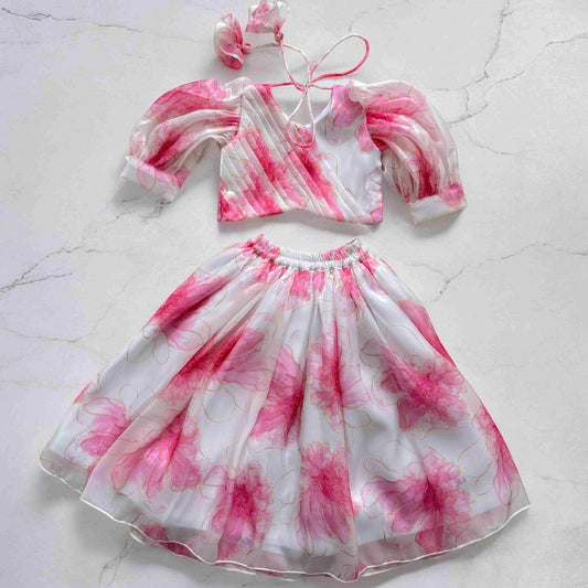 Floral Pink White Organza Lehenga