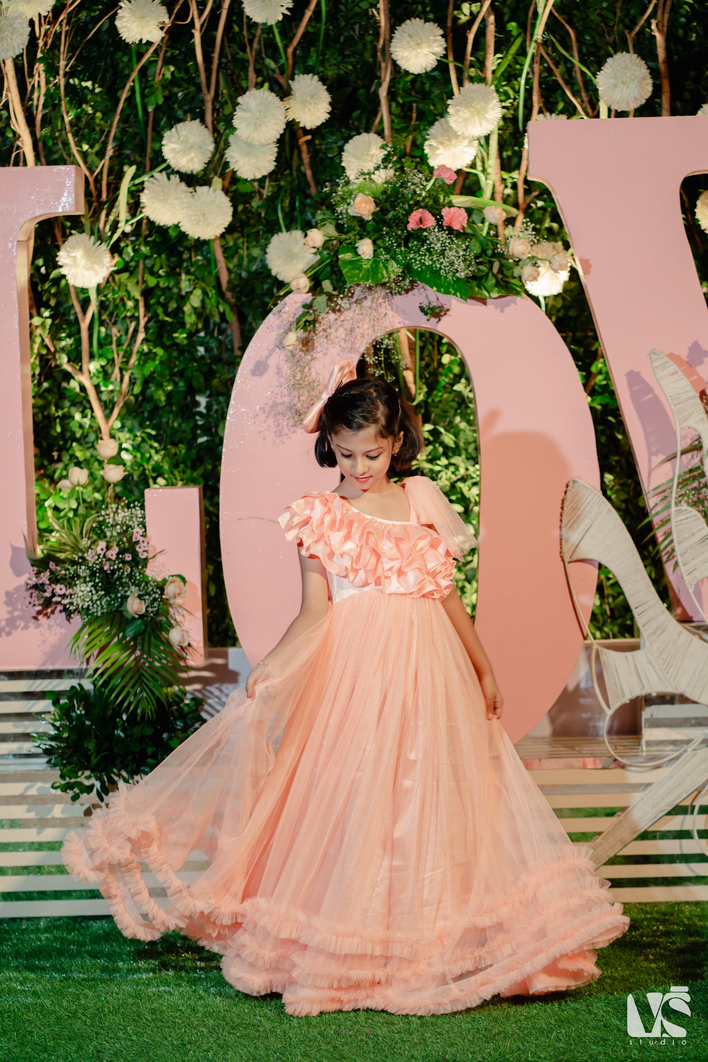 Peach Long Flared Fuffle Gown