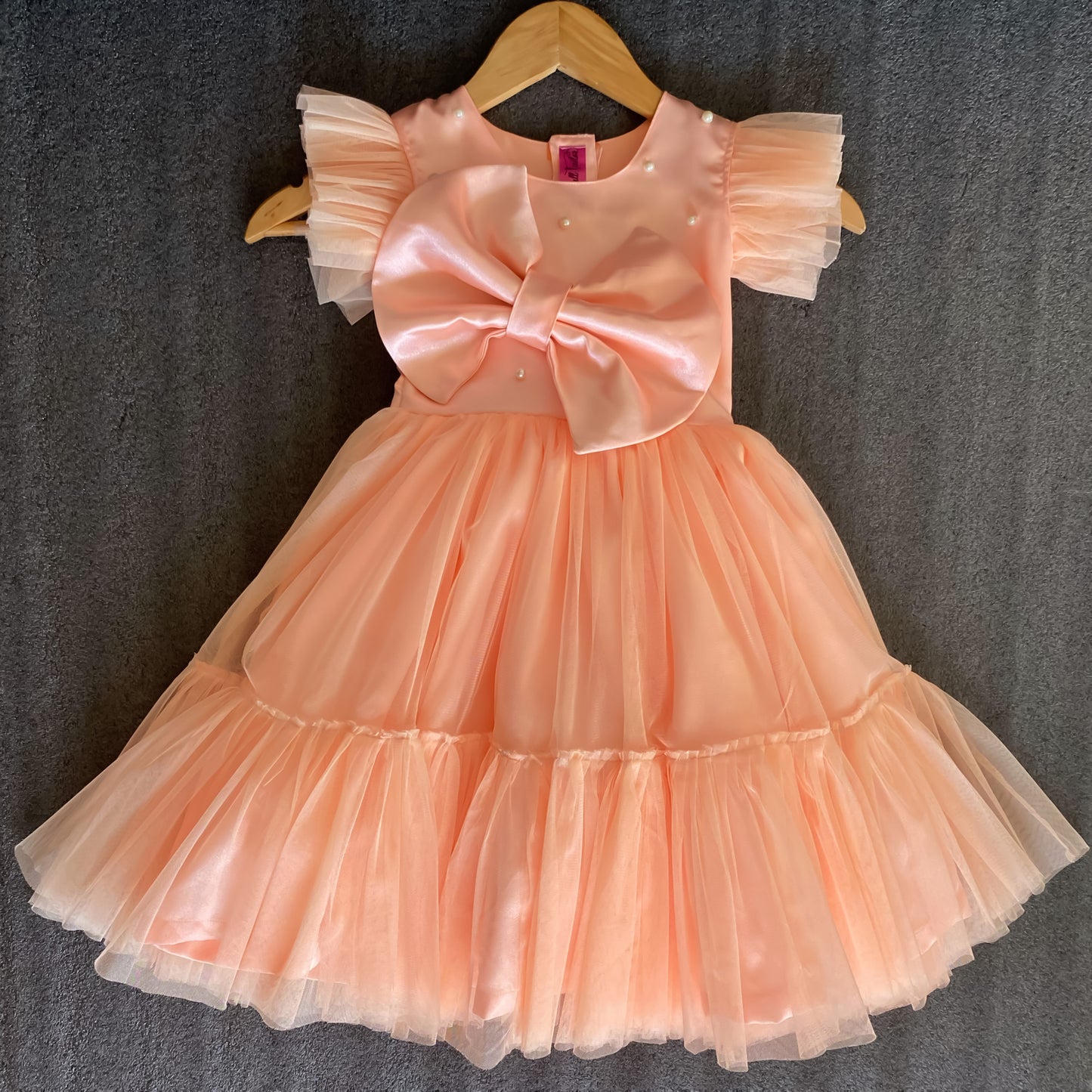 Peach Big Pearl Bow Dress With Detachable Butterfly Trail