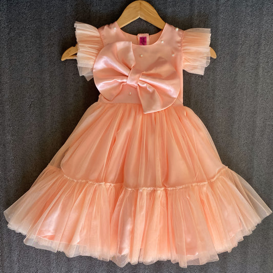 Peach Big Pearl Bow Dress With Detachable Butterfly Trail