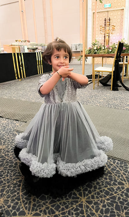 Grey And Black Sequence Double Layerd Frill Dress