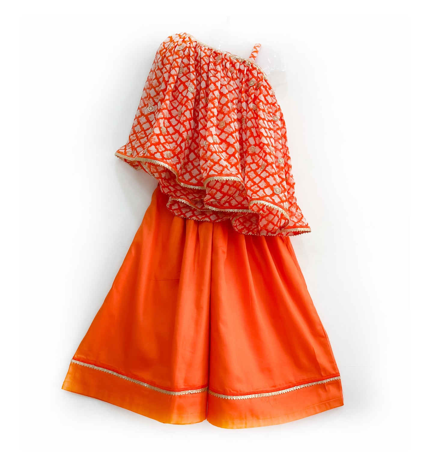 Ethnic orange flared top with handwork and flared pants